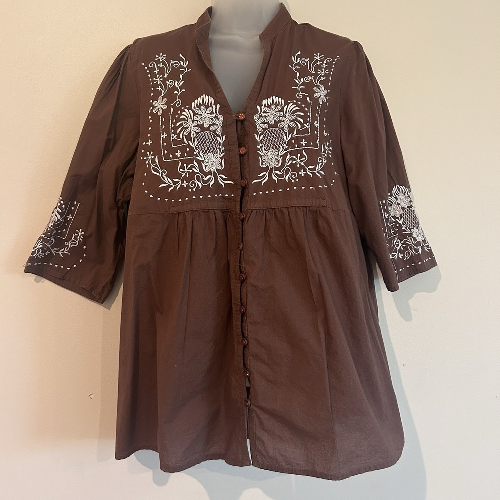 Denim 24/7 Boho Hippie Blouse Sz 14W Brown Embroidered 100% Cotton Lightweight